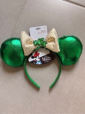 Disney Metallic Green Minnie Ears Headband with Gold Striped Bow